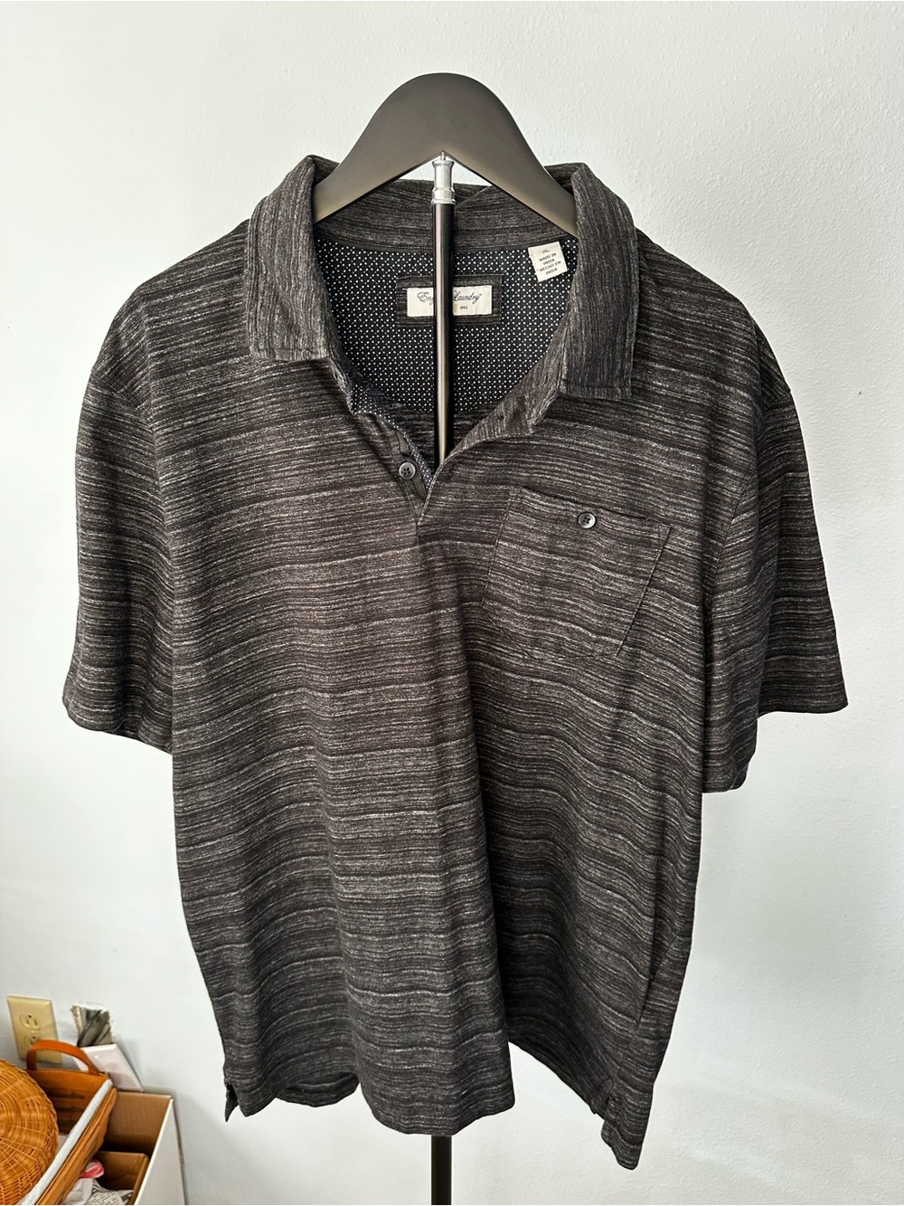 English Laundry Men's Charcoal Gray Striped Short Sleeve Polo Shirt - XL
